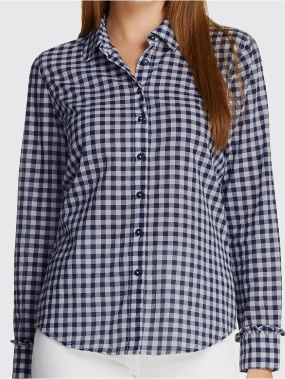 NWT Draper James Navy White Gingham Long Sleeve Button Down Ruffle Lightweight